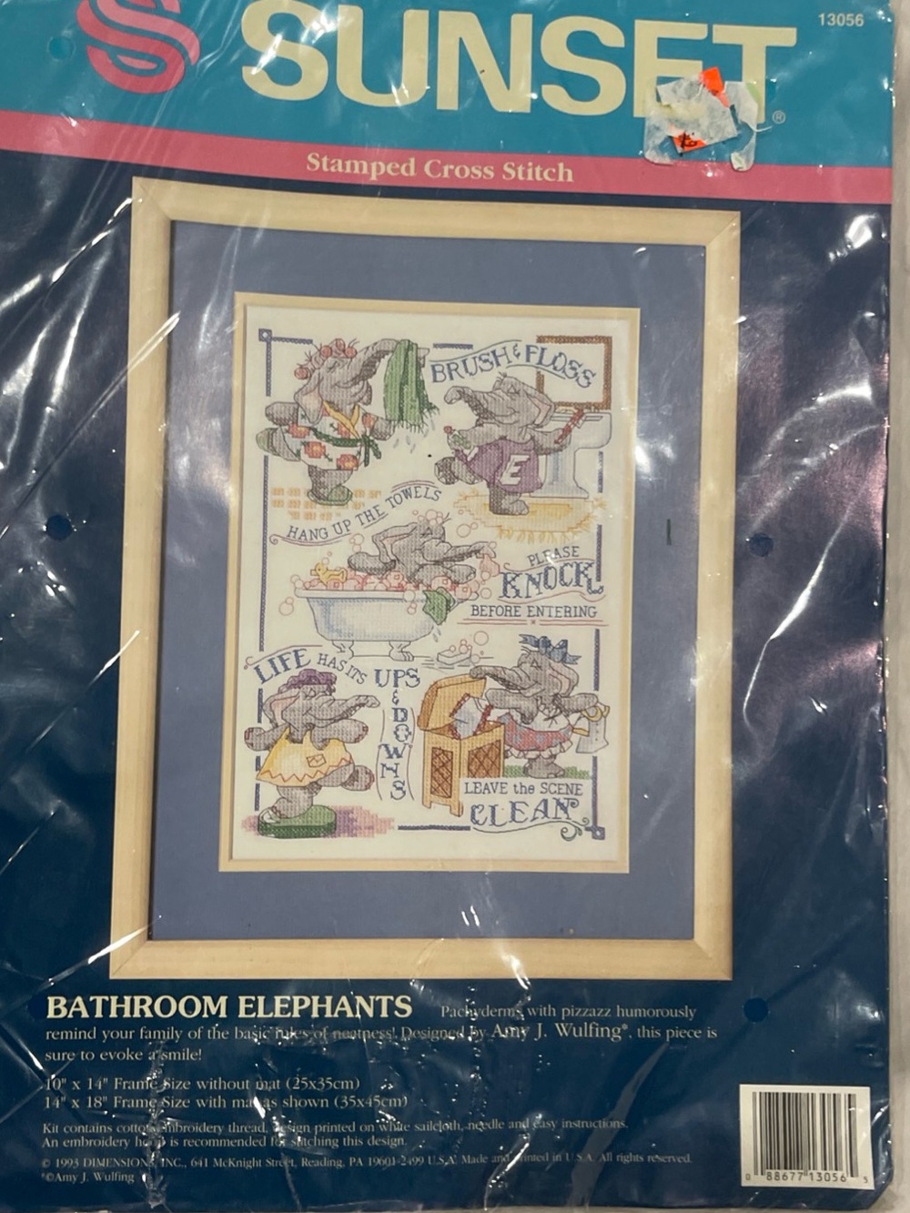 Sunset Stamped Cross Stitch Kit Unopened "Bathroom Elephants" Unopened Cute